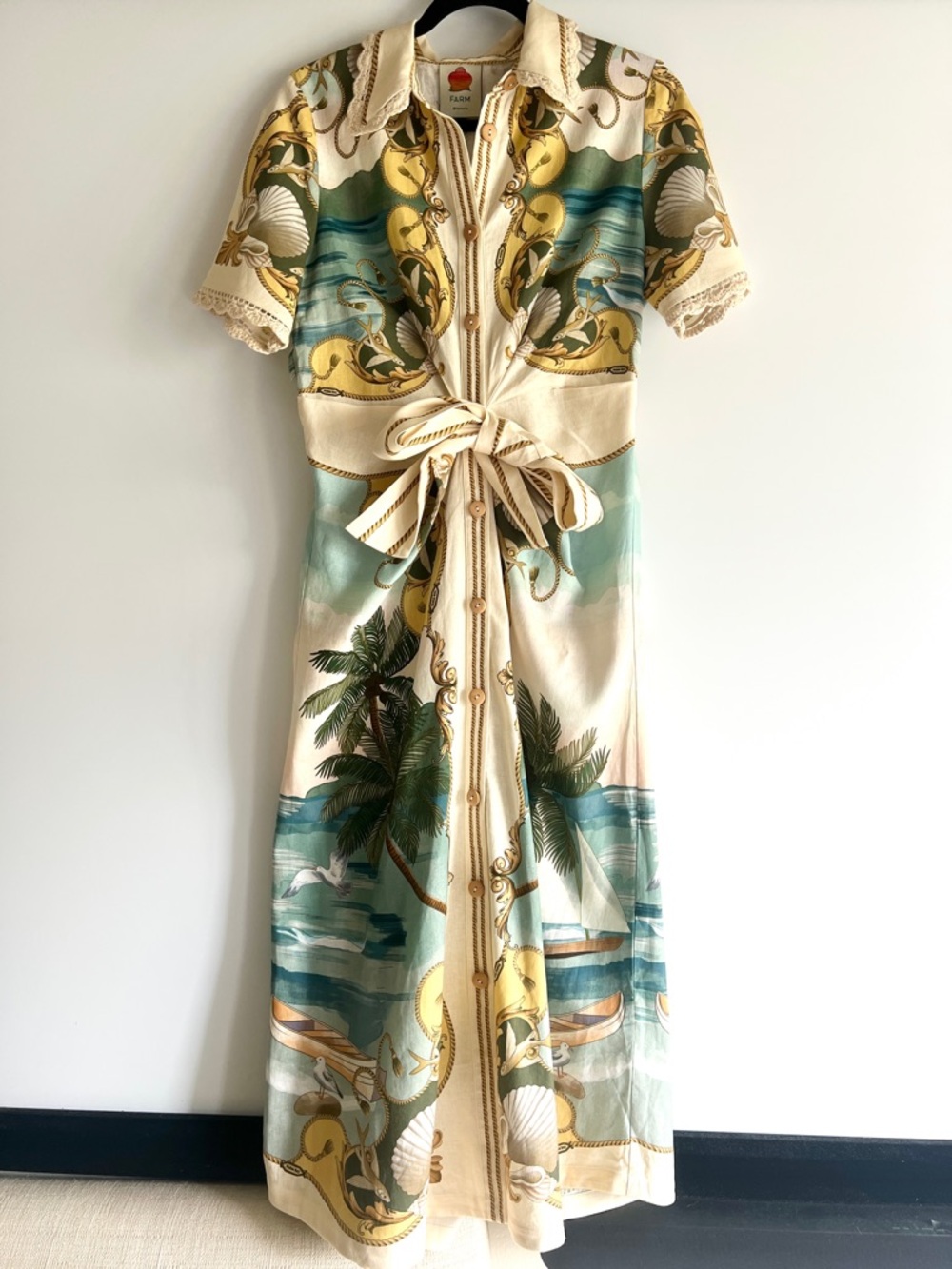 FARM Rio Off-White Royal Sea Collared Midi Dress Linen-Blend Size Small NWT - Picture 9 of 16